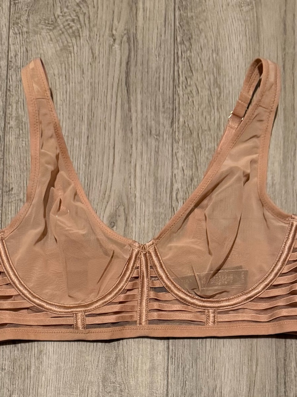 Victorias Secret 34B Unlined Plunge Underwire Bra Tan Sheer Mesh Back Closure